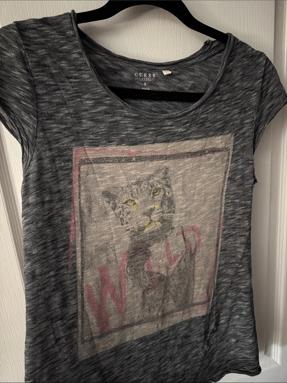 GUESS Short Sleeve Graphic Tee with Leopard Motif and Pink Accents